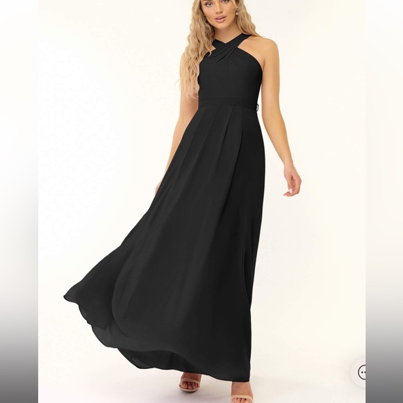 NWT Azazie Dixie Black Flowy Maxi Halter Pleated Chiffon Dress Size A6 - Picture 1 of 12